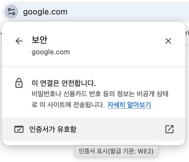 <그림> 구글 웹사이트의 인증서 유효 여부와 발급 기관 정보