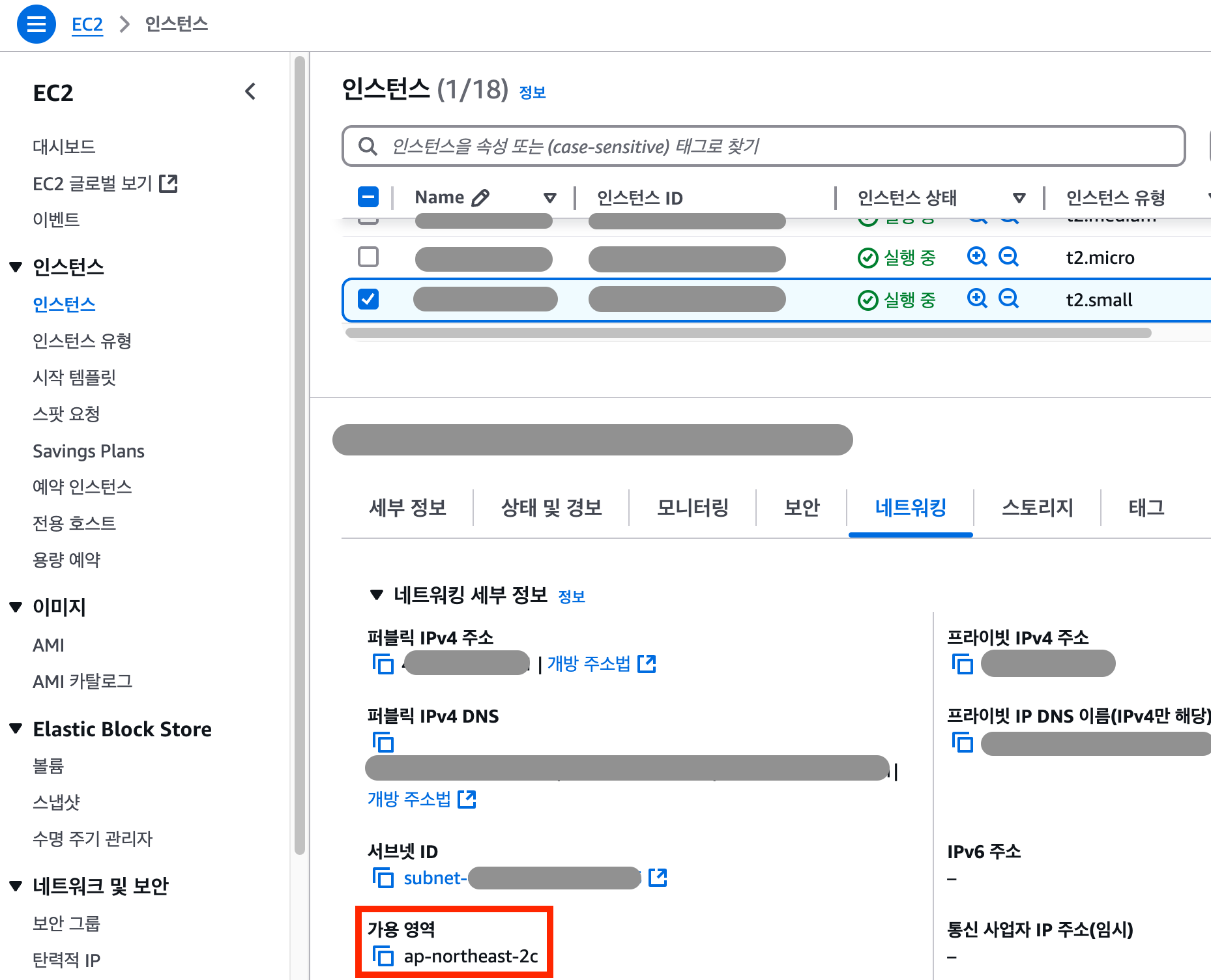 <그림> EC2 인스턴스 - 인스턴스 선택 - 네트워킹 탭에서 확인할 수 있는 EC2 인스턴스의 가용 영역