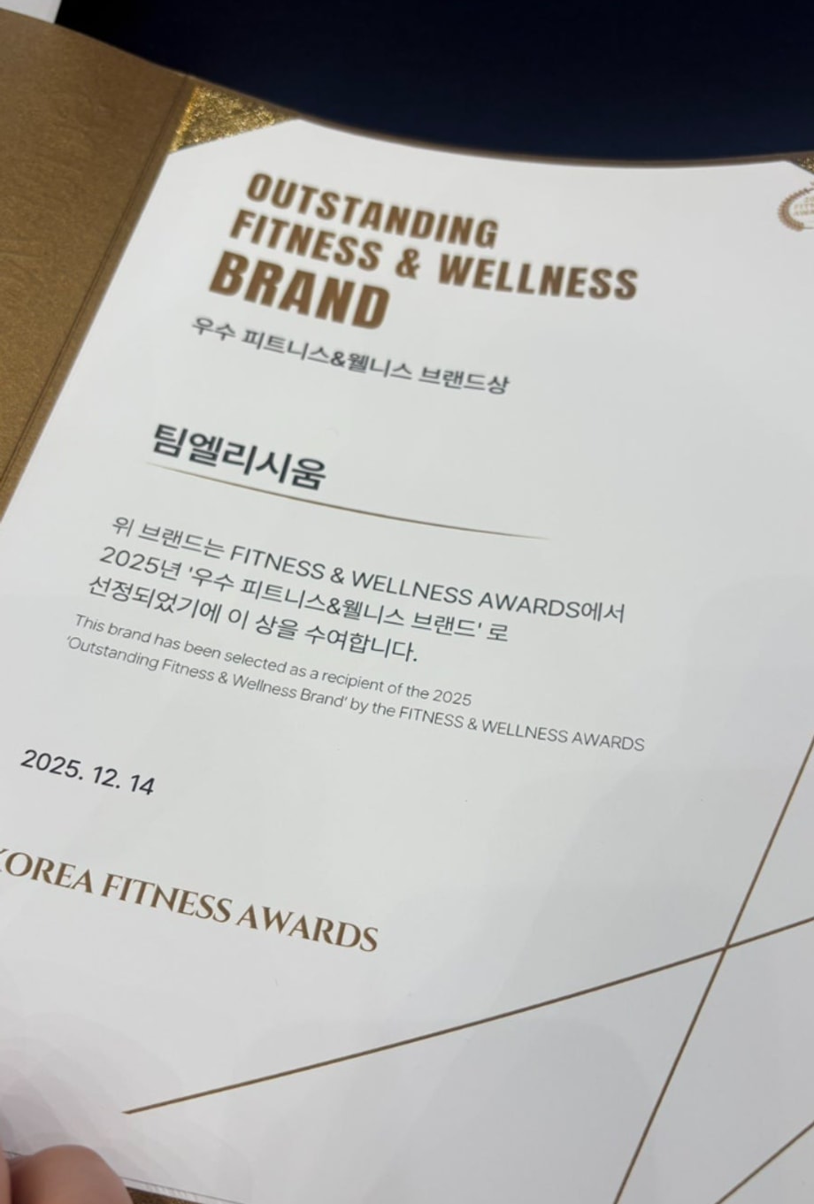 FITNESS & WELLNESS AWARDS 팀엘리시움 수상