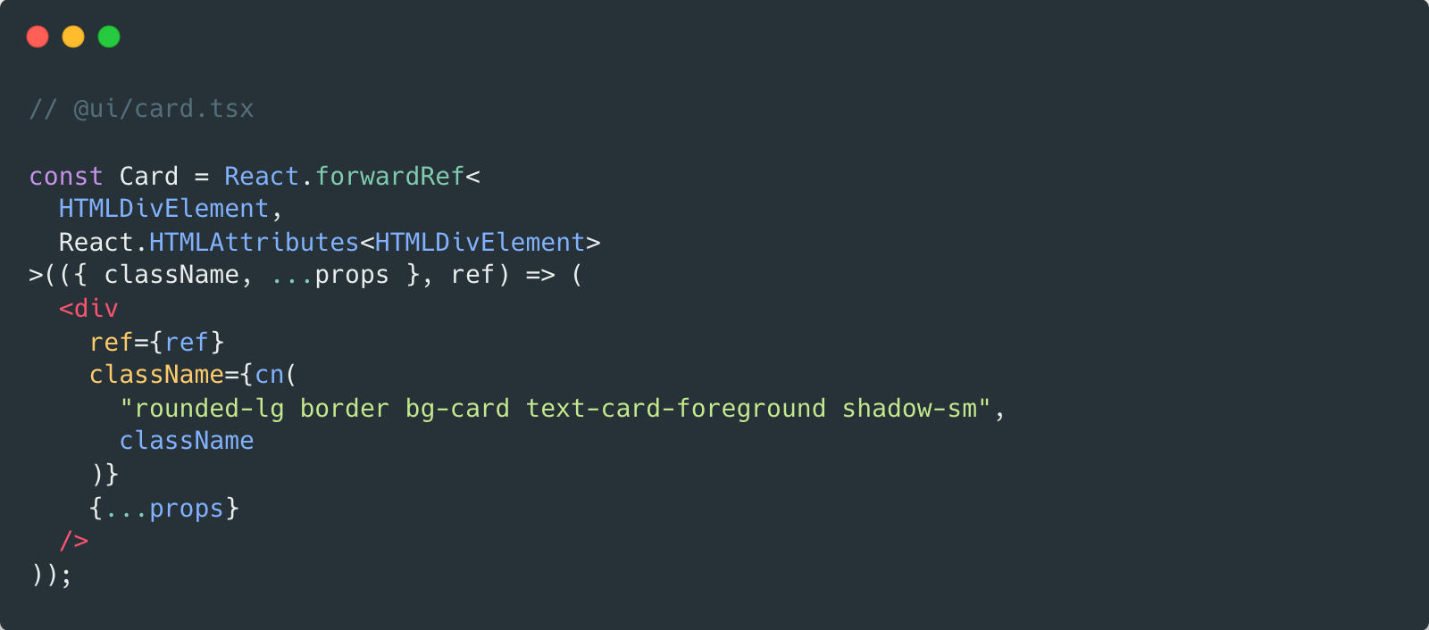 shadcn-ui가 제공하고 있는 Card 컴포넌트. 기본 스타일 값과 사용자가 입력한 값을 cn 함수의 매개변수로 넘기고 있다.